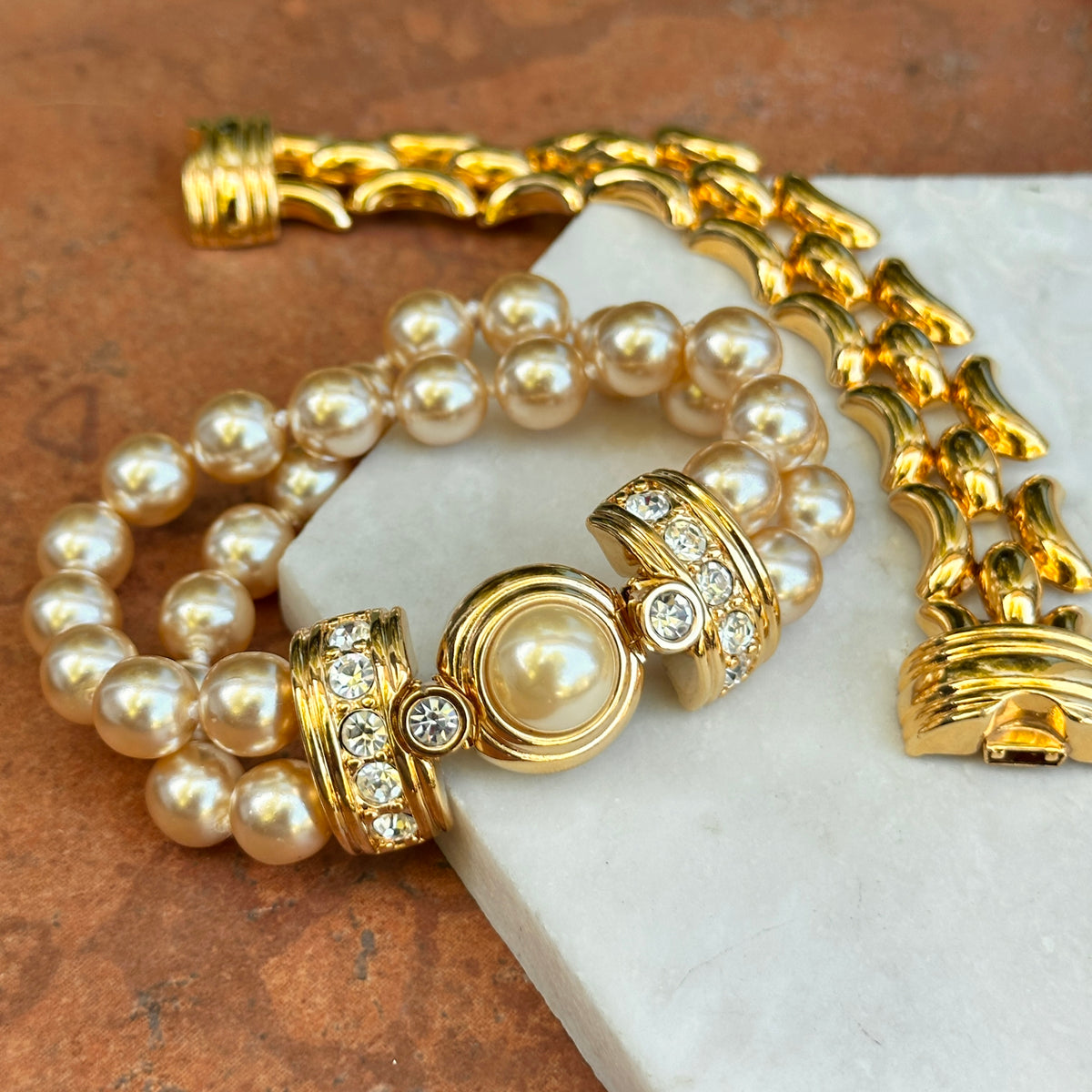 Estate Gold-Plated KJL Faux Pearl + Wide Link Interchangeable Bracelet Set