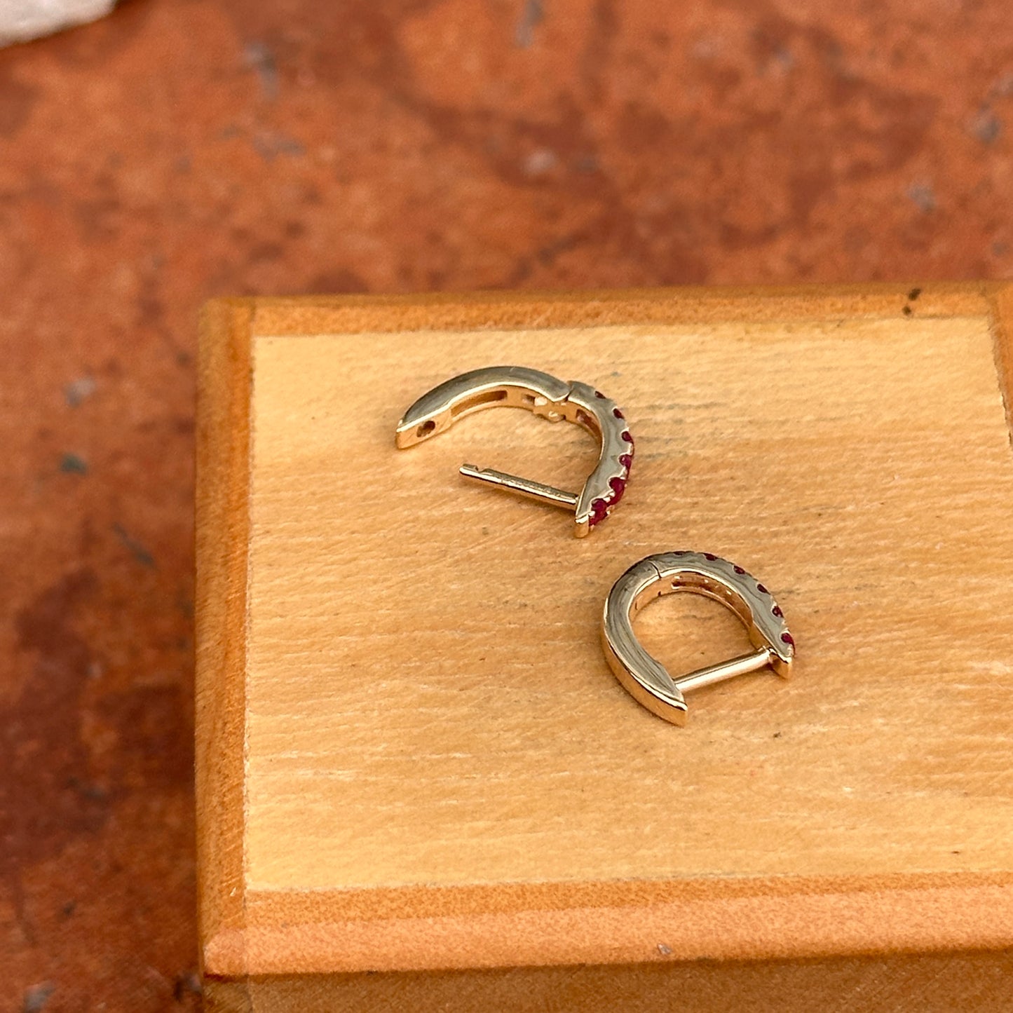14KT Yellow Gold Ruby Huggie Hoop Earrings