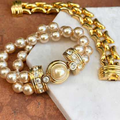 Estate Gold-Plated KJL Faux Pearl + Wide Link Interchangeable Bracelet Set