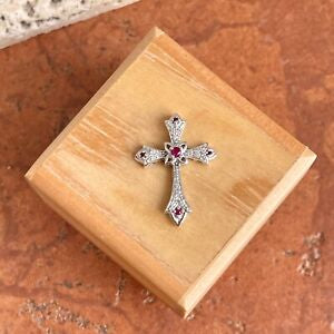 14KT White Gold Ruby + Diamond Pendant Cross