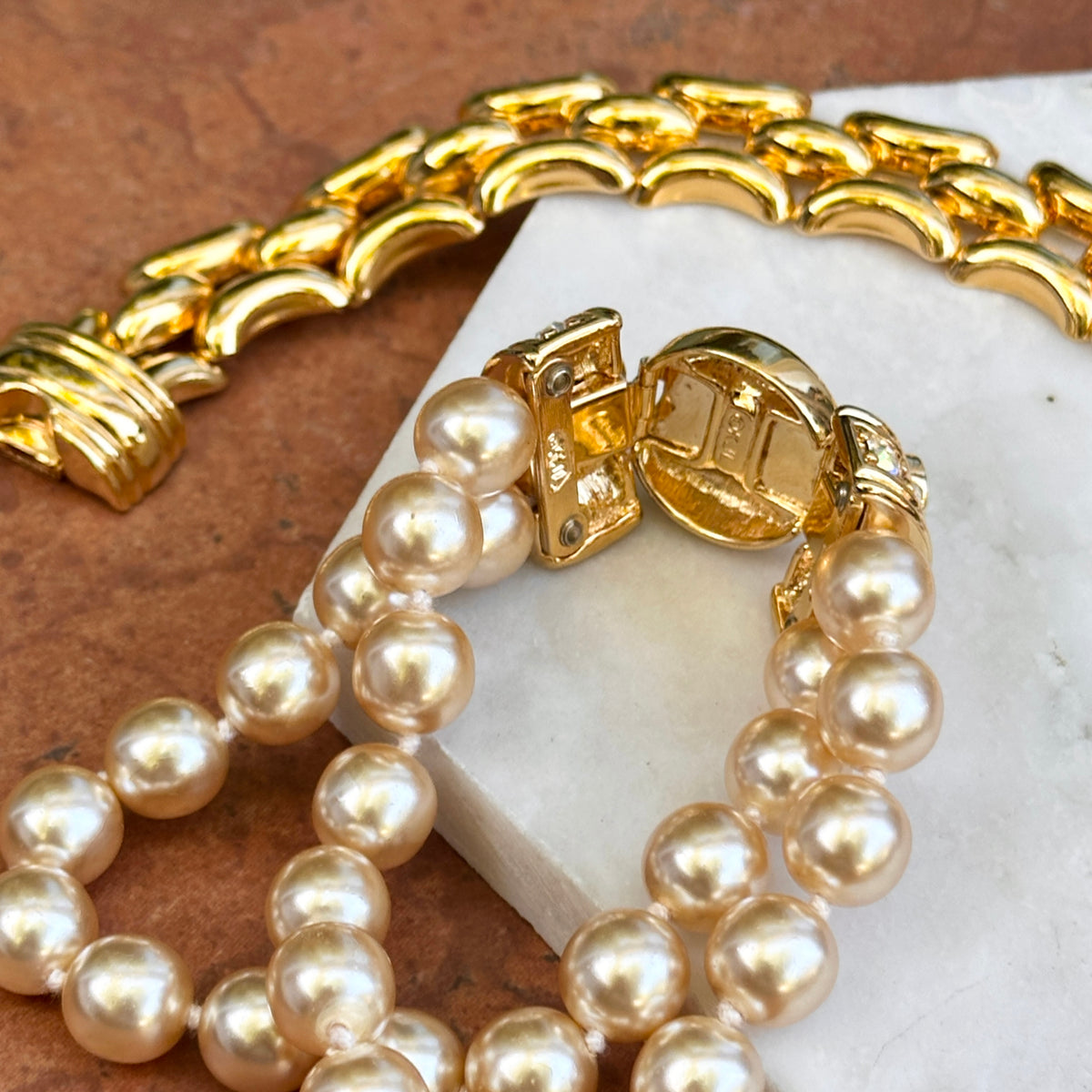 Estate Gold-Plated KJL Faux Pearl + Wide Link Interchangeable Bracelet Set