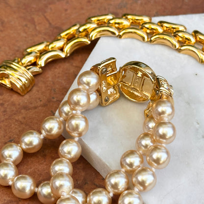 Estate Gold-Plated KJL Faux Pearl + Wide Link Interchangeable Bracelet Set