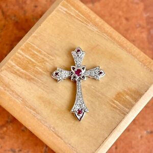 14KT White Gold Ruby + Diamond Pendant Cross