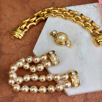 Estate Gold-Plated KJL Faux Pearl + Wide Link Interchangeable Bracelet Set