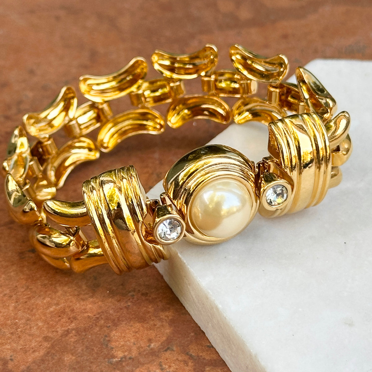 Estate Gold-Plated Kenneth J Lane Faux Pearl + CZ Link Bracelet