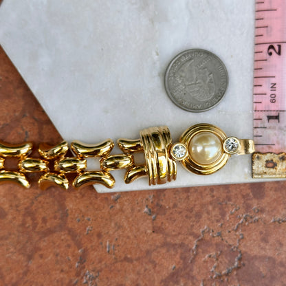 Estate Gold-Plated Kenneth J Lane Faux Pearl + CZ Link Bracelet