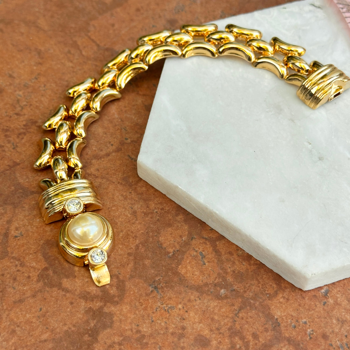 Estate Gold-Plated Kenneth J Lane Faux Pearl + CZ Link Bracelet
