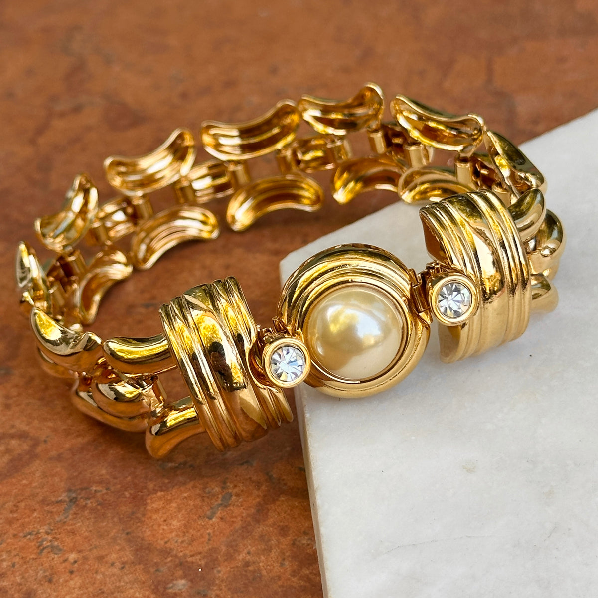 Estate Gold-Plated Kenneth J Lane Faux Pearl + CZ Link Bracelet