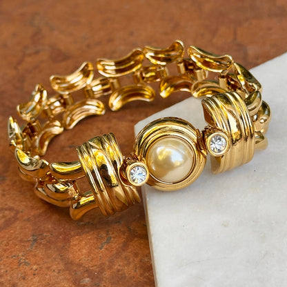 Estate Gold-Plated Kenneth J Lane Faux Pearl + CZ Link Bracelet