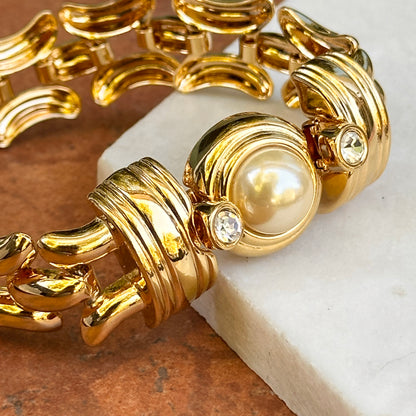 Estate Gold-Plated Kenneth J Lane Faux Pearl + CZ Link Bracelet