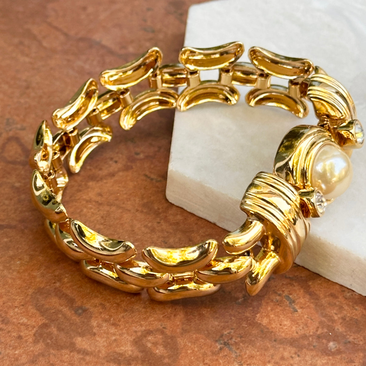 Estate Gold-Plated Kenneth J Lane Faux Pearl + CZ Link Bracelet