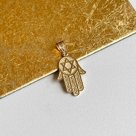 10KT Yellow Gold Filigree Hamsa Chamseh Star of David Pendant