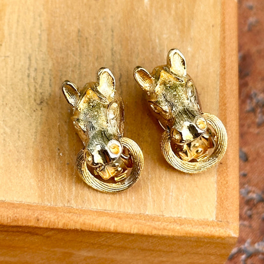 Estate Gold-Tone Horse Head Door Knocker Clip-On Earrings