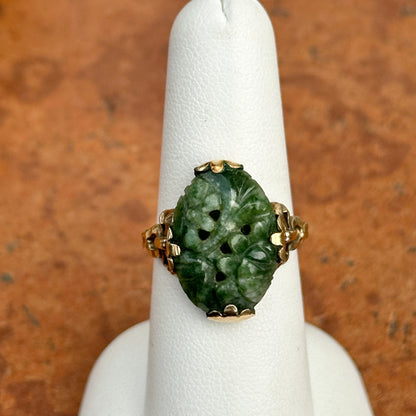 Estate 14KT Yellow Gold Filled Oval Carved Green Jade filigree Band Ring