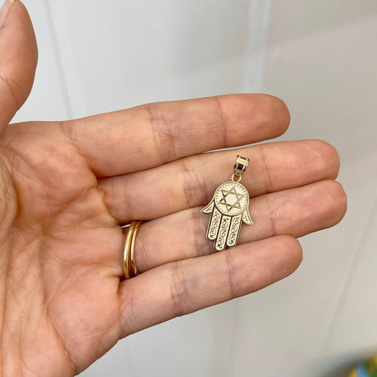 10KT Yellow Gold Filigree Hamsa Chamseh Star of David Pendant