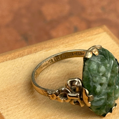 Estate 14KT Yellow Gold Filled Oval Carved Green Jade filigree Band Ring