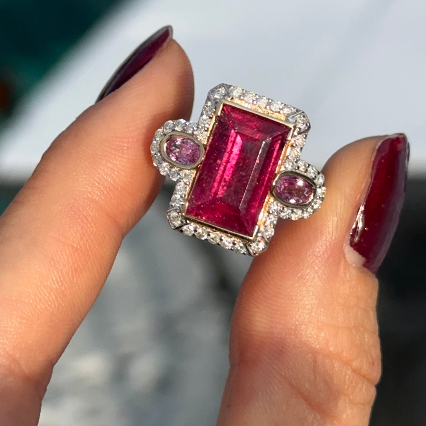 Estate 14KT Yellow Gold Rubelite Tourmaline + Diamond Halo Ring