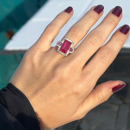 Estate 14KT Yellow Gold Rubelite Tourmaline + Diamond Halo Ring