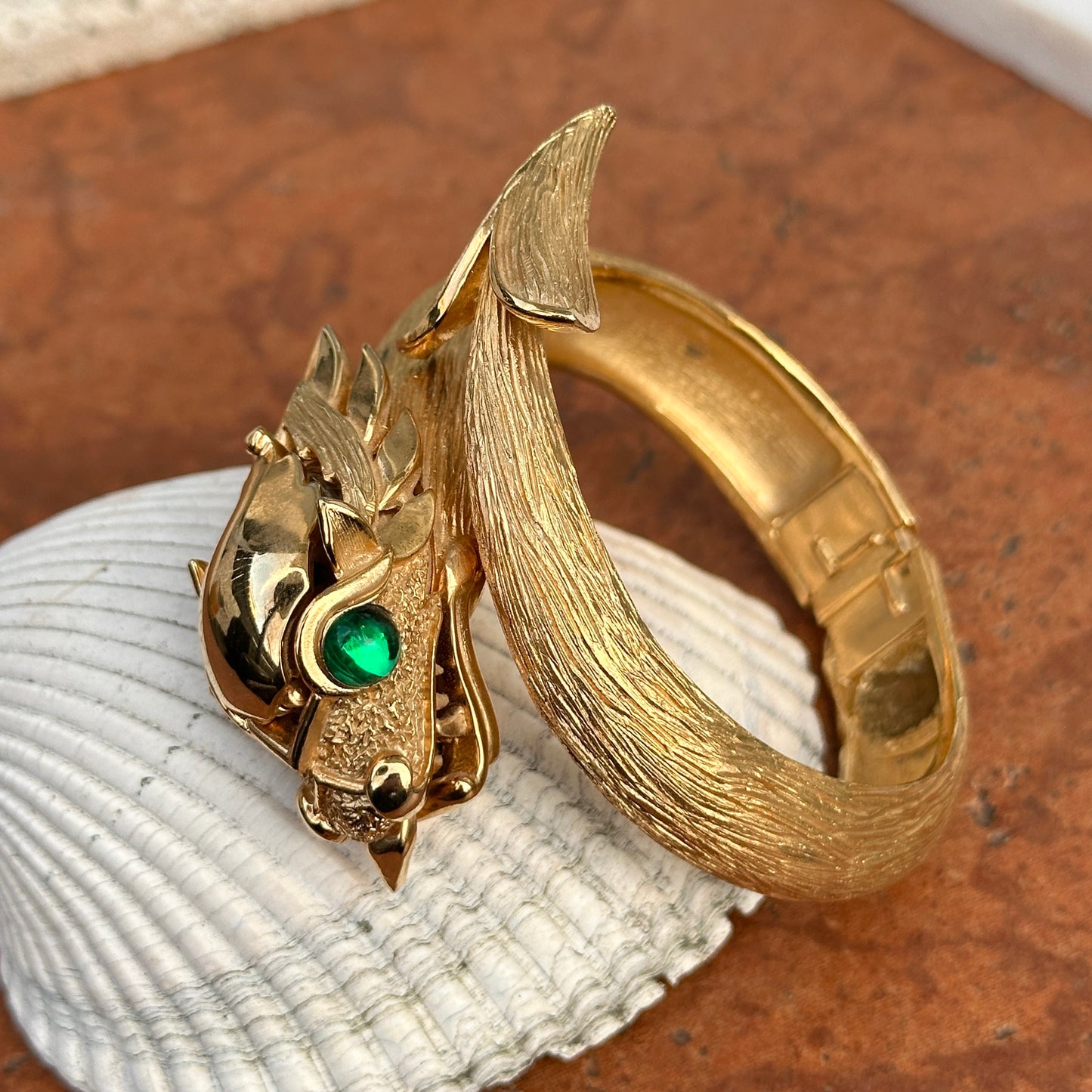 Estate Rare Trifari Yellow Gold Tone + Dragon Design Green Eyes Bracelet Watch