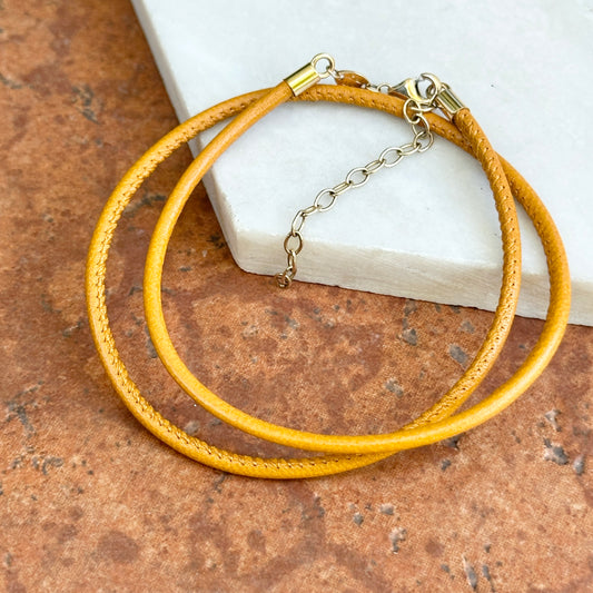 14KT Yellow Gold 2mm Gold Tan Stitched Leather Cord Necklace