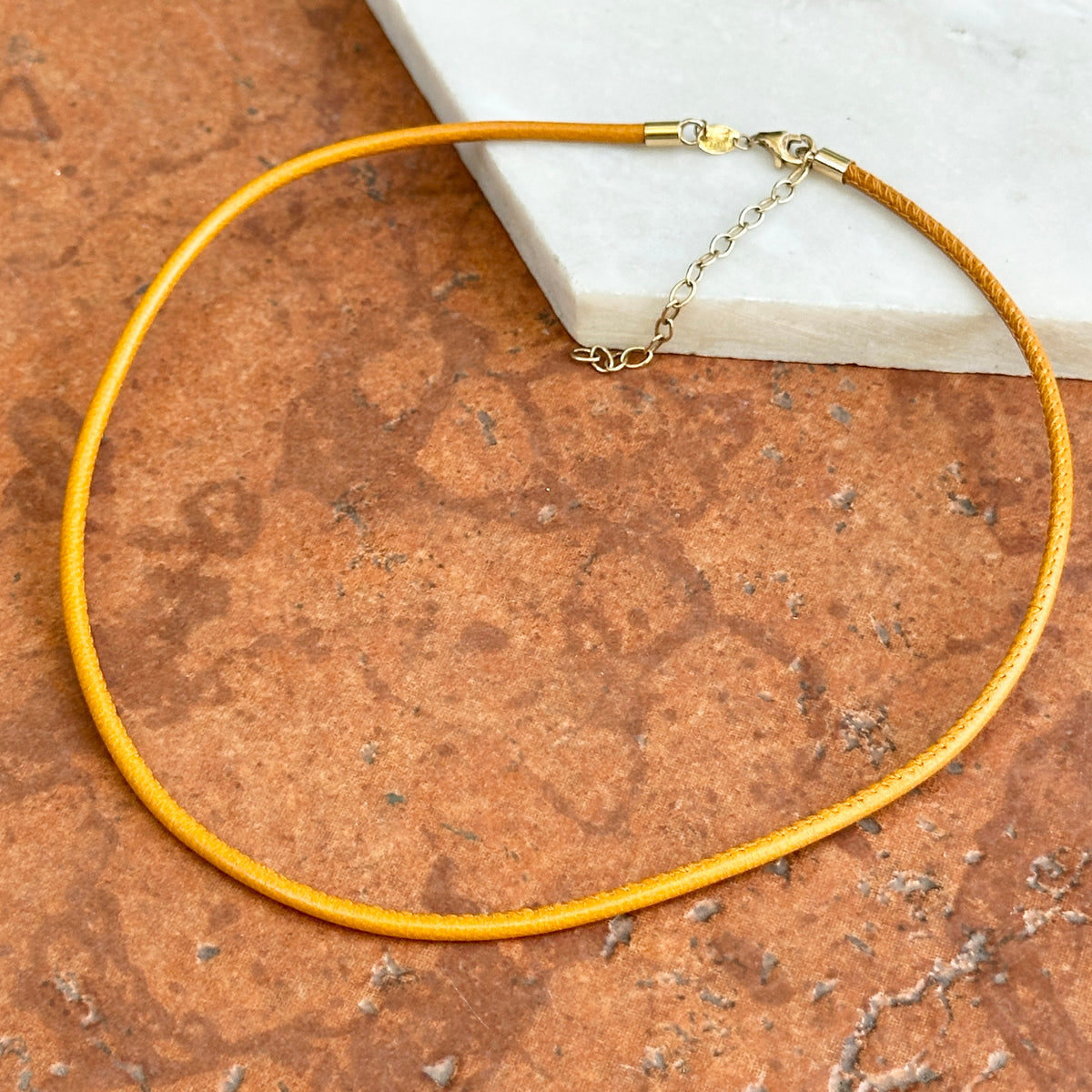 14KT Yellow Gold 2mm Gold Tan Stitched Leather Cord Necklace