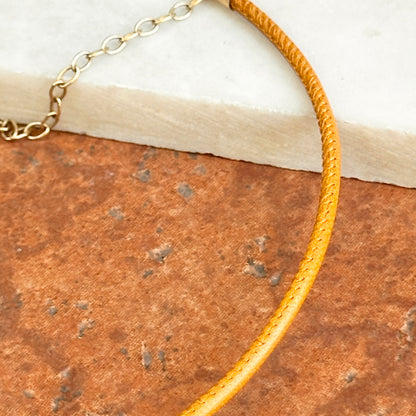 14KT Yellow Gold 2mm Gold Tan Stitched Leather Cord Necklace