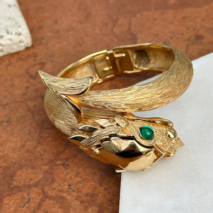 Estate Rare Trifari Yellow Gold Tone + Dragon Design Green Eyes Bracelet Watch