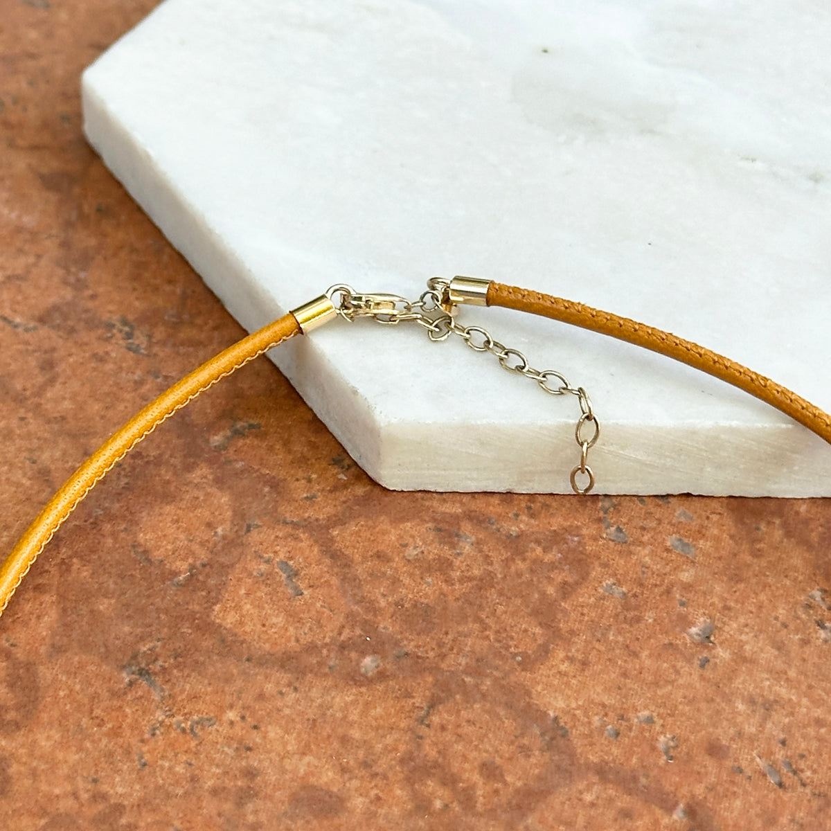 14KT Yellow Gold 2mm Gold Tan Stitched Leather Cord Necklace