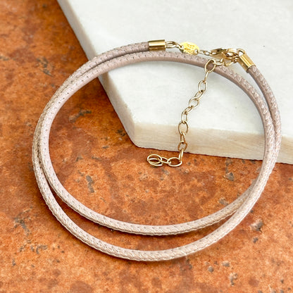 14KT Yellow Gold 2mm Beige Stitched Leather Cord Necklace