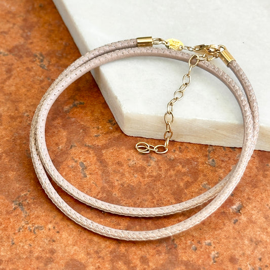 14KT Yellow Gold 2mm Beige Stitched Leather Cord Necklace