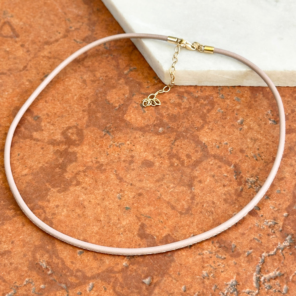 14KT Yellow Gold 2mm Beige Stitched Leather Cord Necklace
