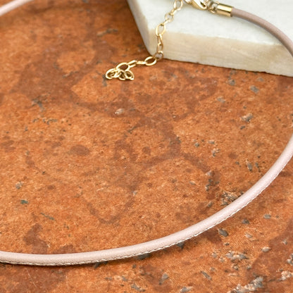 14KT Yellow Gold 2mm Beige Stitched Leather Cord Necklace