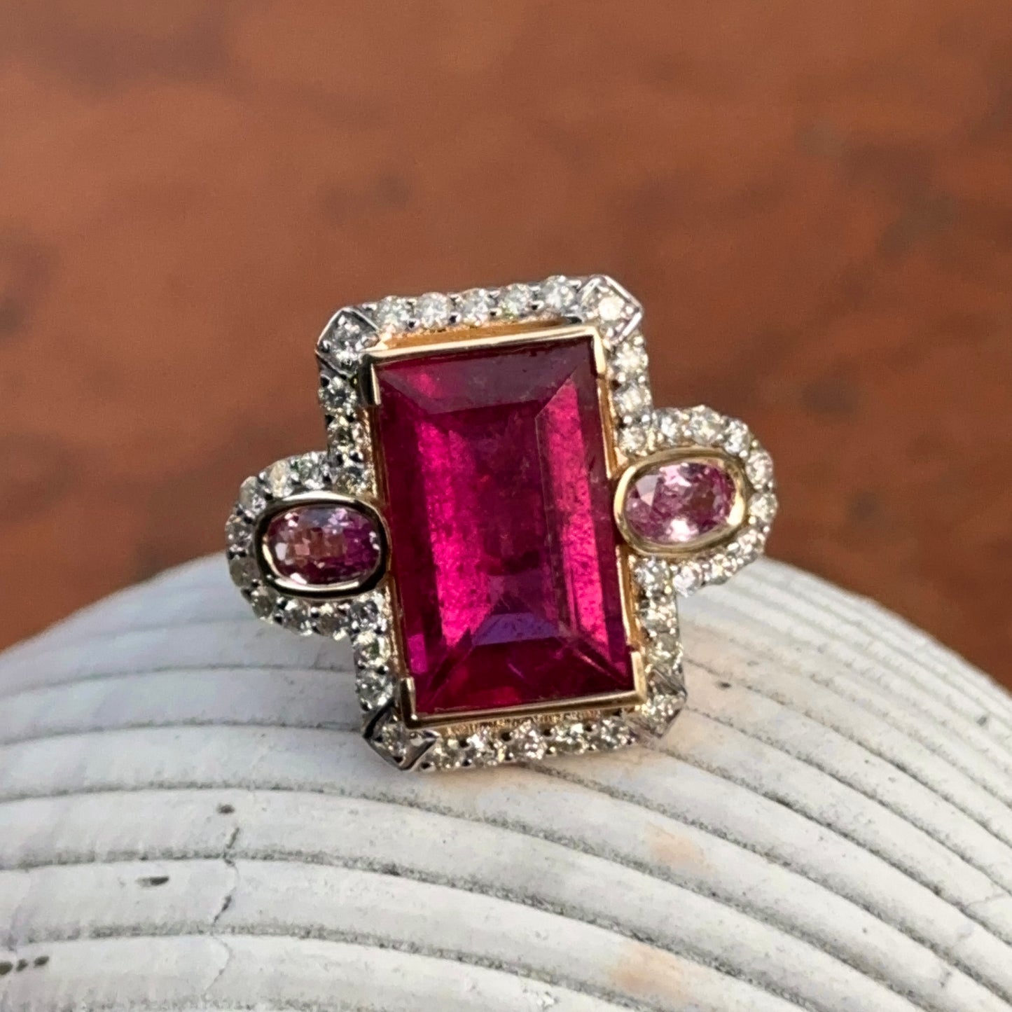 Estate 14KT Yellow Gold Rubelite Tourmaline + Diamond Halo Ring