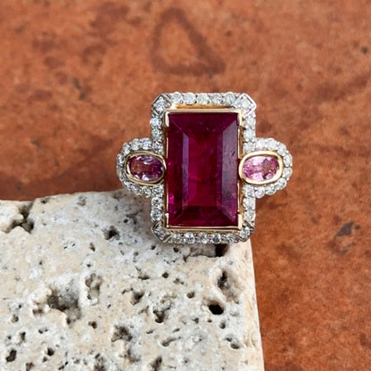 Estate 14KT Yellow Gold Rubelite Tourmaline + Diamond Halo Ring