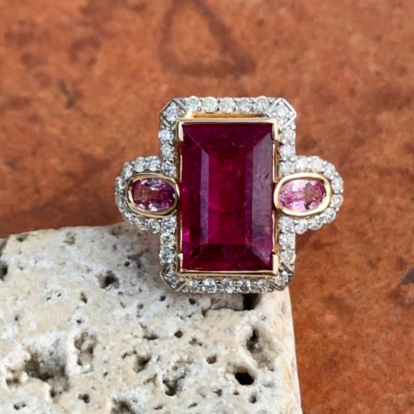 Estate 14KT Yellow Gold Rubelite Tourmaline + Diamond Halo Ring