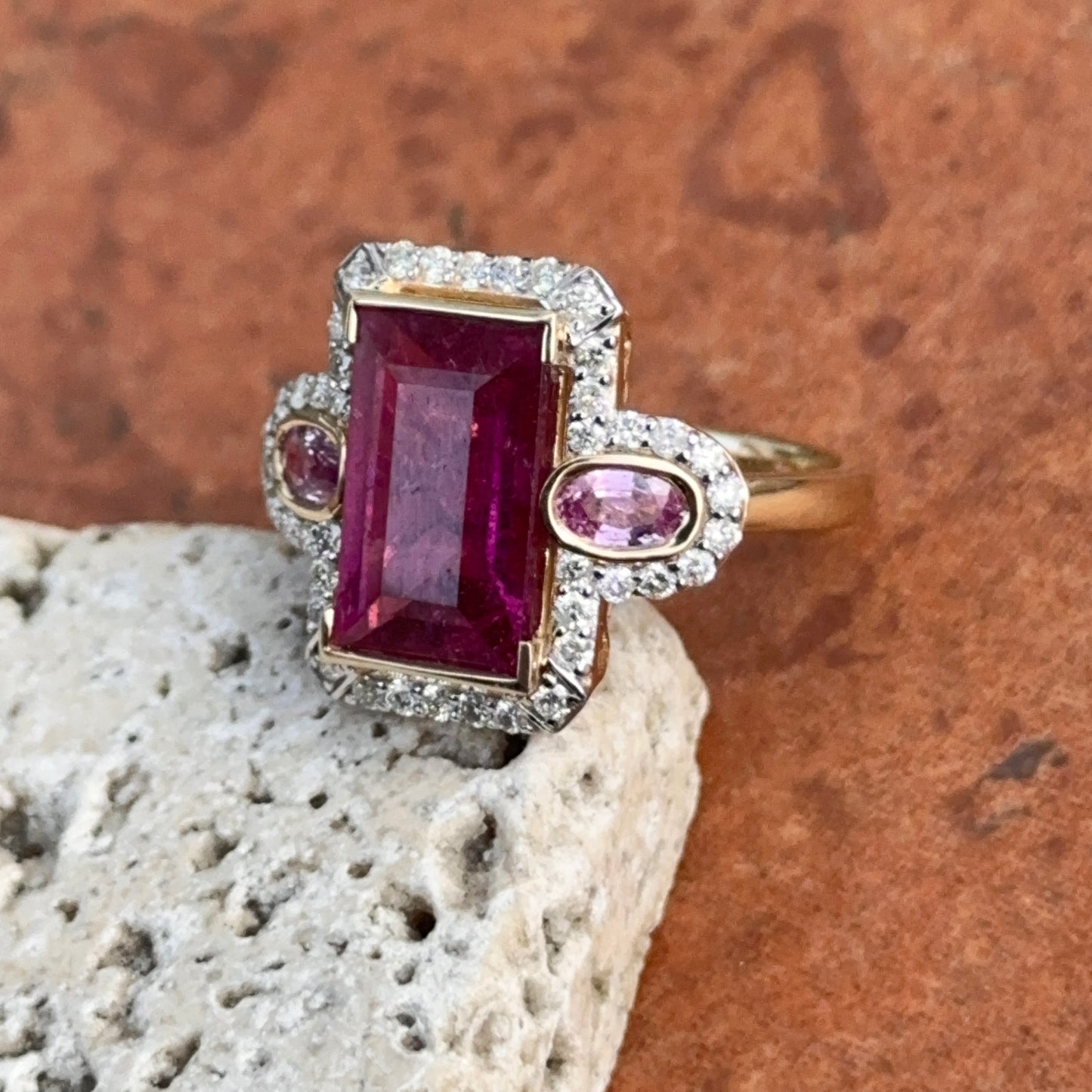 Estate 14KT Yellow Gold Rubelite Tourmaline + Diamond Halo Ring