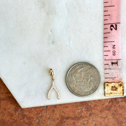 14KT Yellow Gold 1/8 CT Diamond Wishbone Pendant Charm