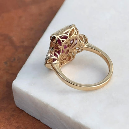 Estate 14KT Yellow Gold Rubelite Tourmaline + Diamond Halo Ring