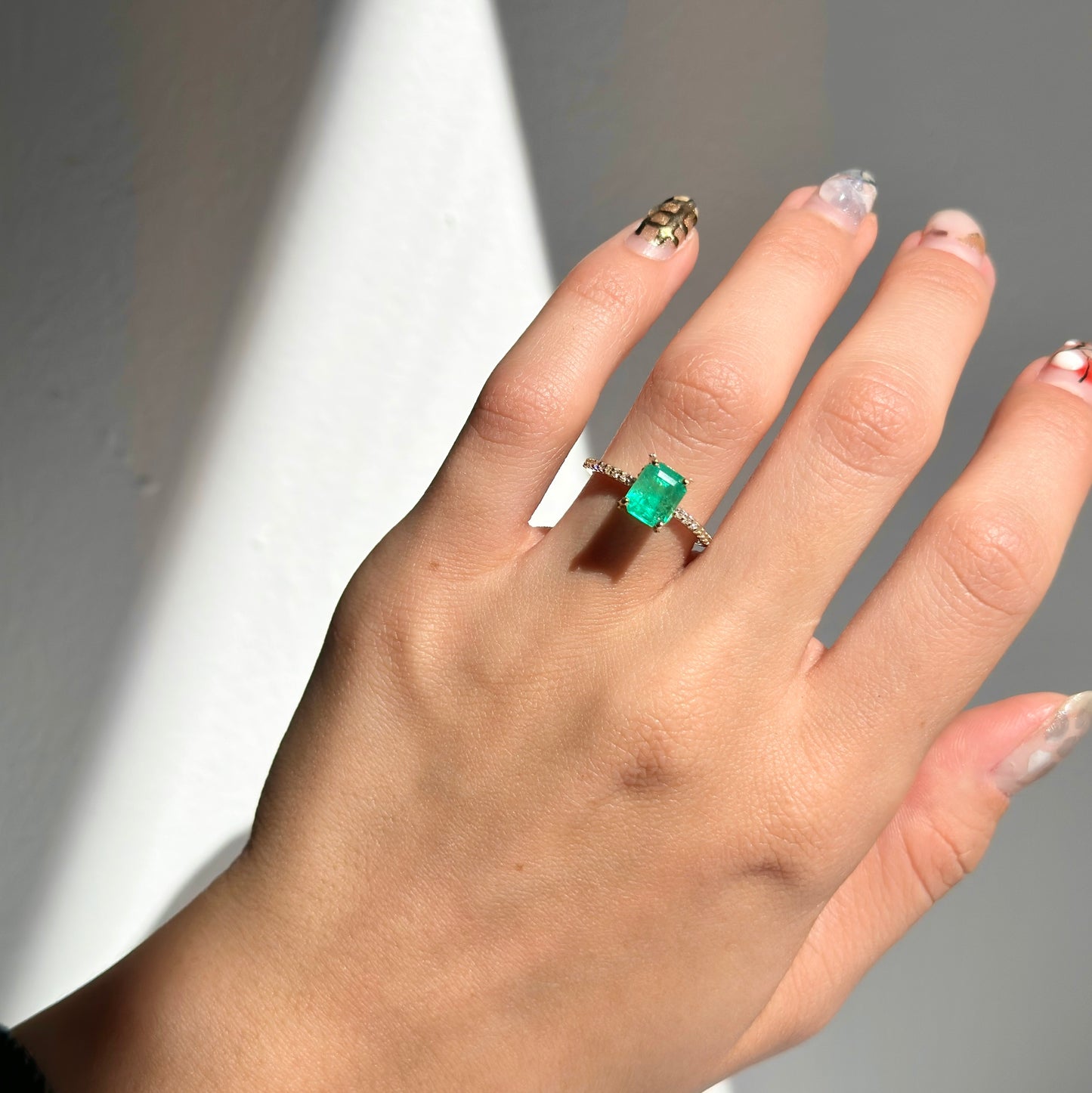 14KT Yellow Gold Colombian Emerald-Cut Emerald + Diamond Hidden Halo  Ring