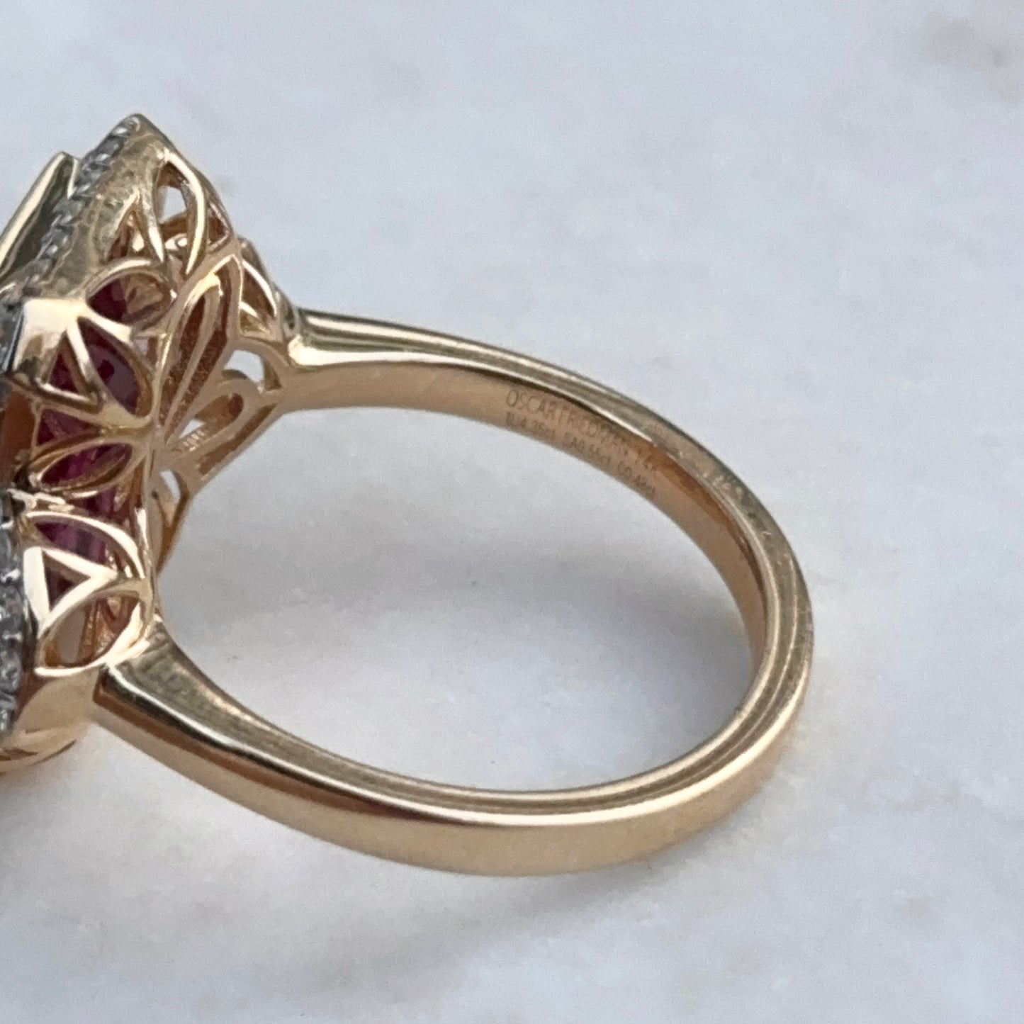 Estate 14KT Yellow Gold Rubelite Tourmaline + Diamond Halo Ring