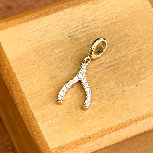 14KT Yellow Gold 1/8 CT Diamond Wishbone Pendant Charm
