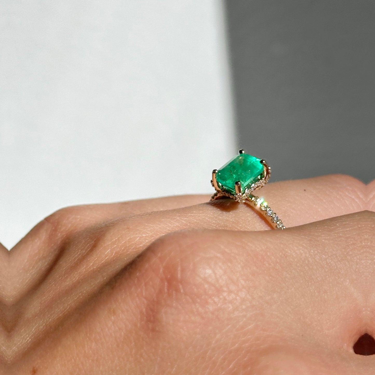 14KT Yellow Gold Colombian Emerald-Cut Emerald + Diamond Hidden Halo  Ring