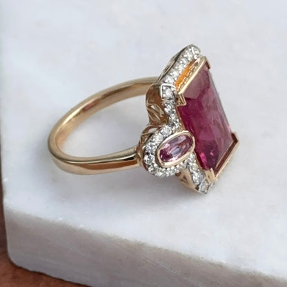 Estate 14KT Yellow Gold Rubelite Tourmaline + Diamond Halo Ring