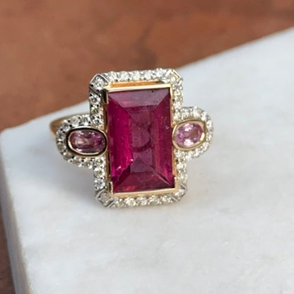 Estate 14KT Yellow Gold Rubelite Tourmaline + Diamond Halo Ring