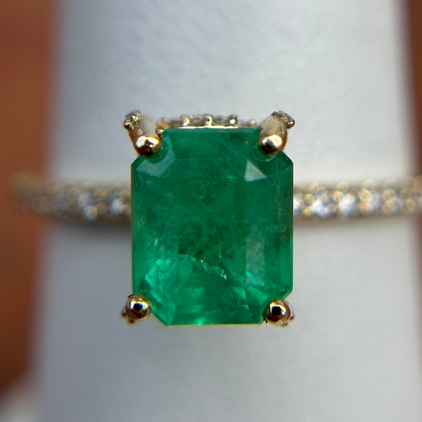 14KT Yellow Gold Colombian Emerald-Cut Emerald + Diamond Hidden Halo  Ring