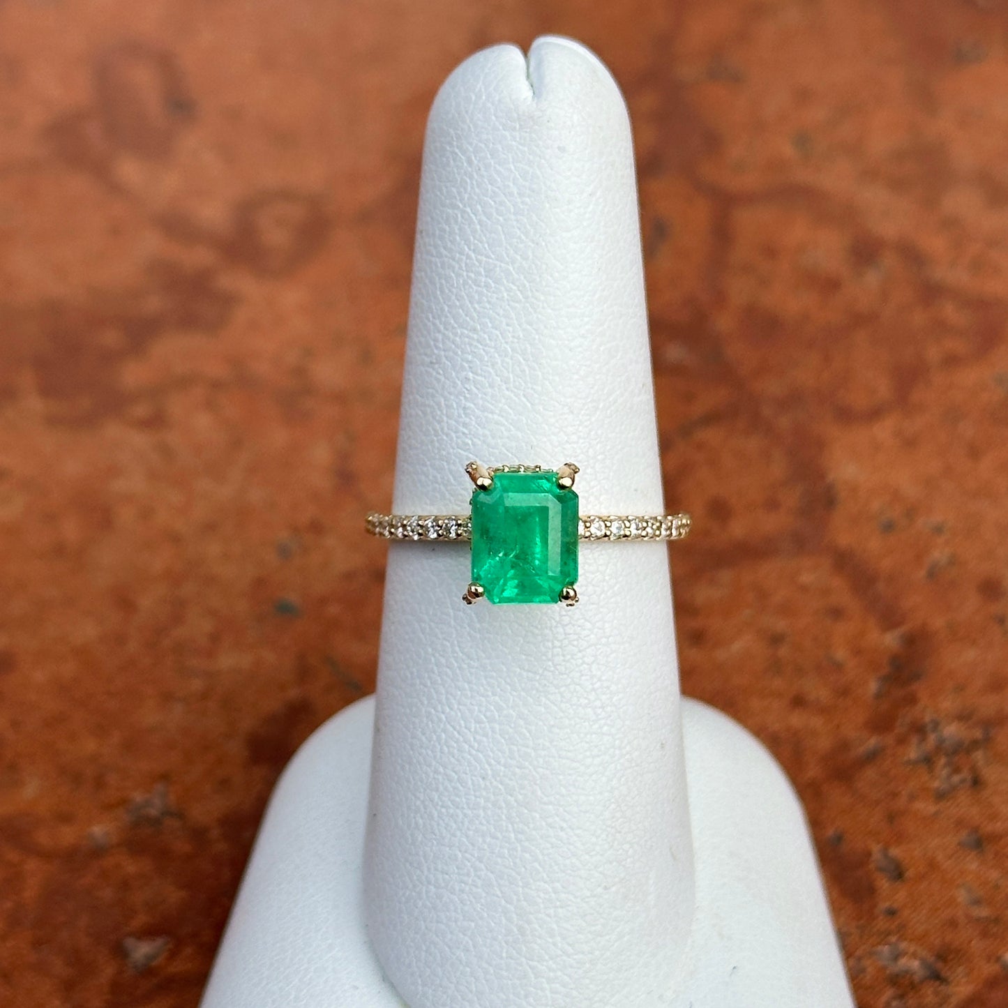 14KT Yellow Gold Colombian Emerald-Cut Emerald + Diamond Hidden Halo  Ring