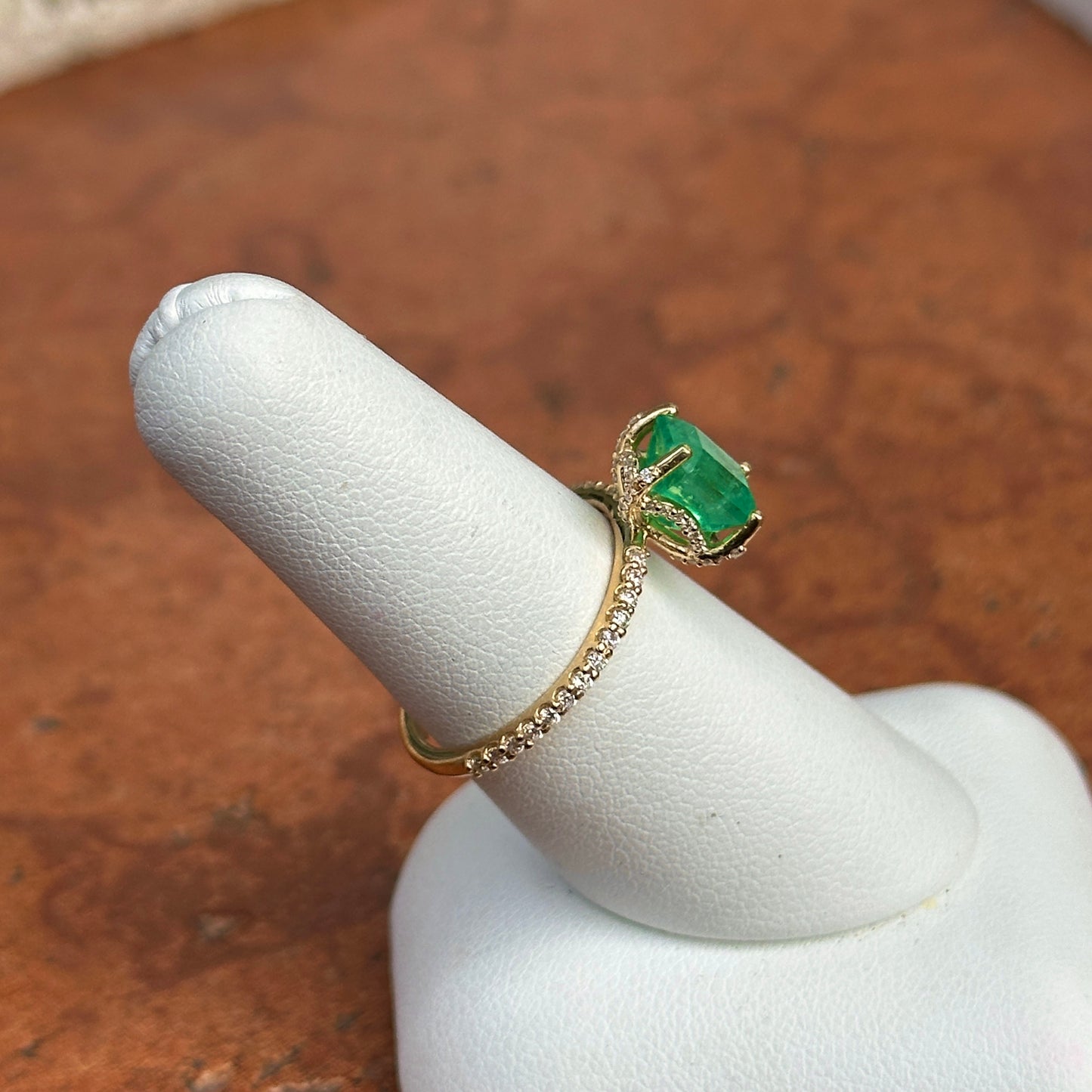 14KT Yellow Gold Colombian Emerald-Cut Emerald + Diamond Hidden Halo  Ring