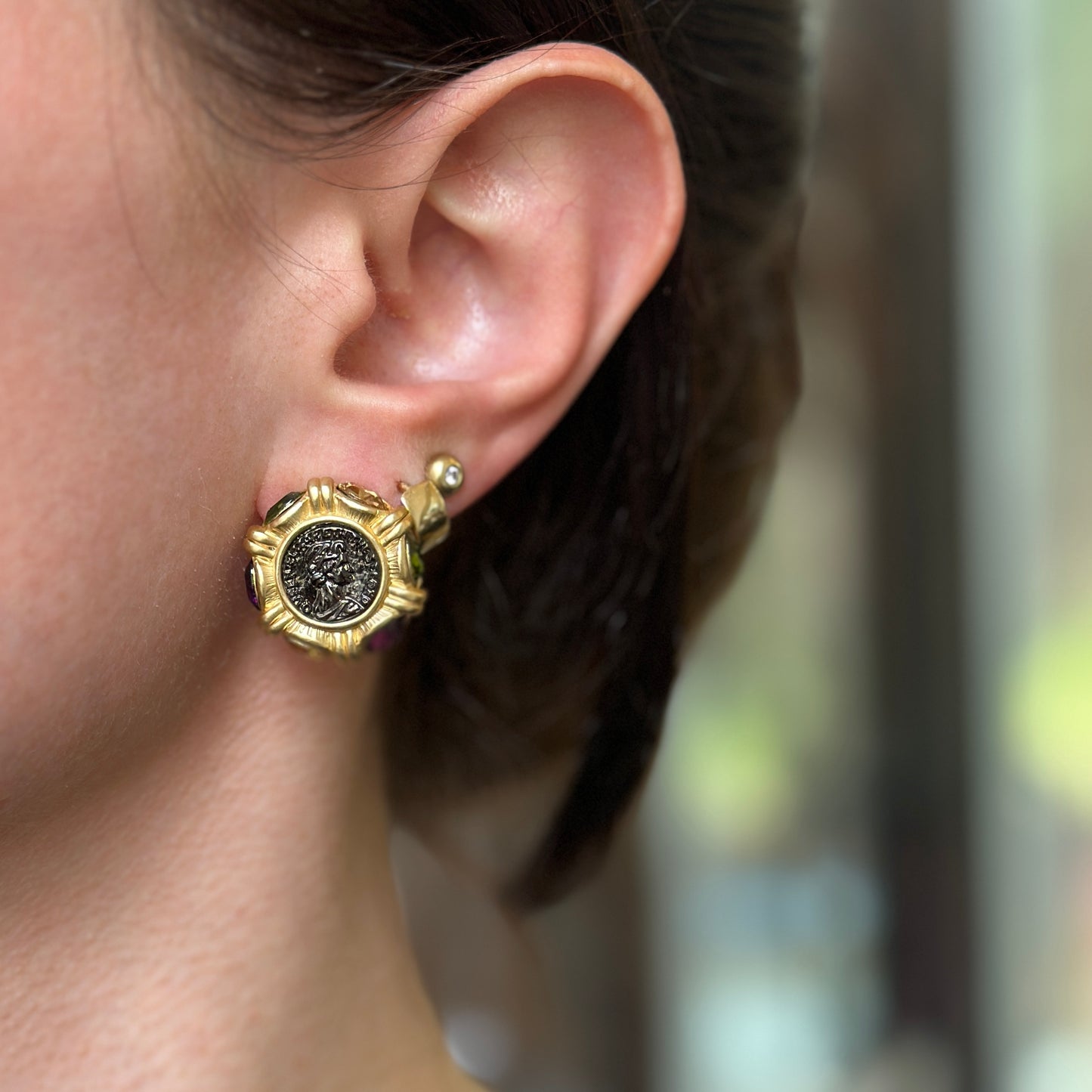 Estate Yellow Gold-Tone Replica Roman Coin Synthetic Gemstone Earrings