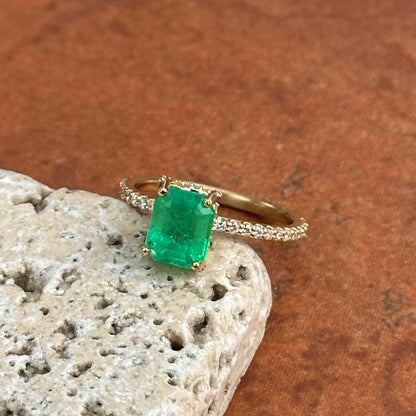 14KT Yellow Gold Colombian Emerald-Cut Emerald + Diamond Hidden Halo  Ring