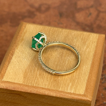 14KT Yellow Gold Colombian Emerald-Cut Emerald + Diamond Hidden Halo  Ring